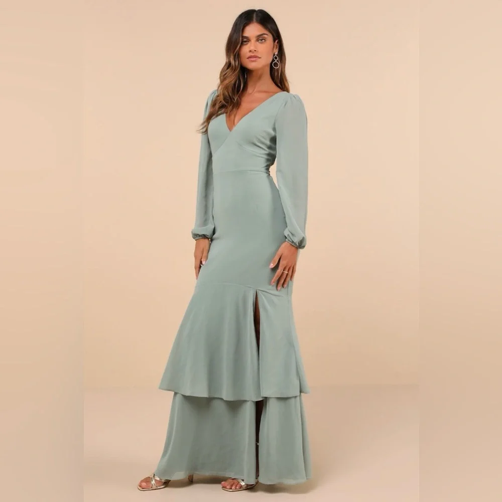 Lulus Tier Elegance Tiered Maxi Dress Large Sage Green Chiffon Long Sleeve *FLAW - Picture 2 of 12